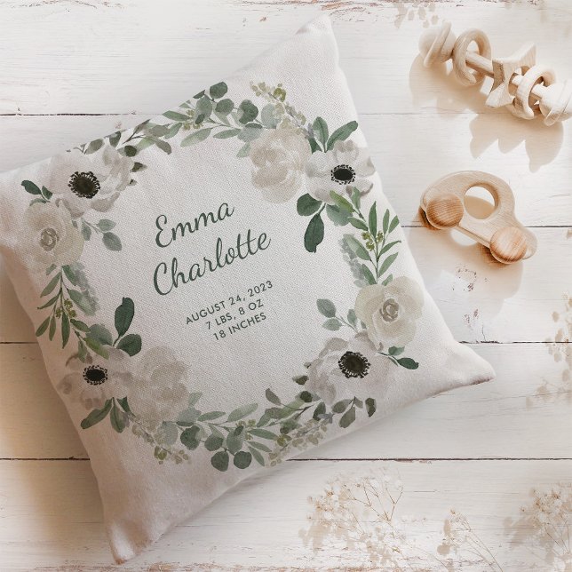 Hübsche weiße Blume und Grünpflanzen Geburtsstunde Kissen (A pretty white floral pillow with your newborn baby's birth stats)