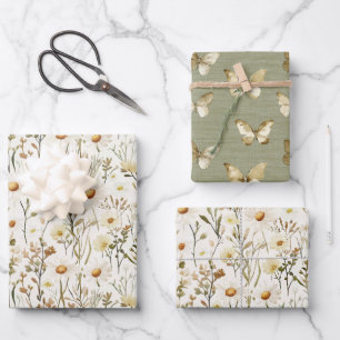 Hübsche weiße Gänseblümchen-Blumen grüner Geburtst Geschenkpapier Set