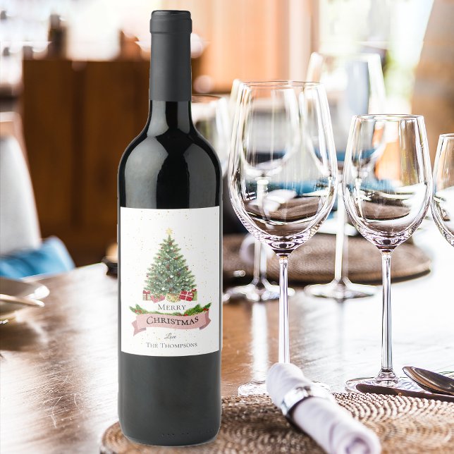 Hübsche weiße Imitate Rosa Glitzer Frohe Weihnacht Weinetikett (Pretty White Faux Pink Glitter Merry Christmas Wine Label)