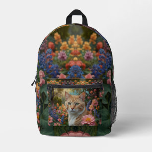 Hübsche weiße orange Katze im Blumen Garten Bedruckter Rucksack
