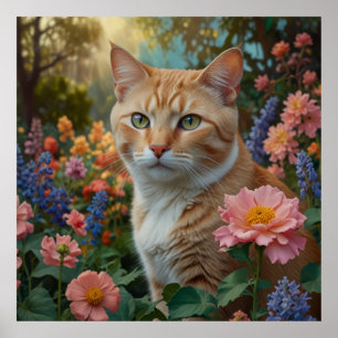 Hübsche weiße orange Katze im Blumen Garten Poster