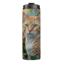 Hübsche weiße orange Katze im Blumen Garten