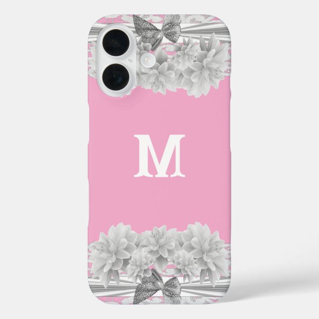 Hübsche weiße Spitzenmonogramm iPhone 16 Hülle (Rückseite)