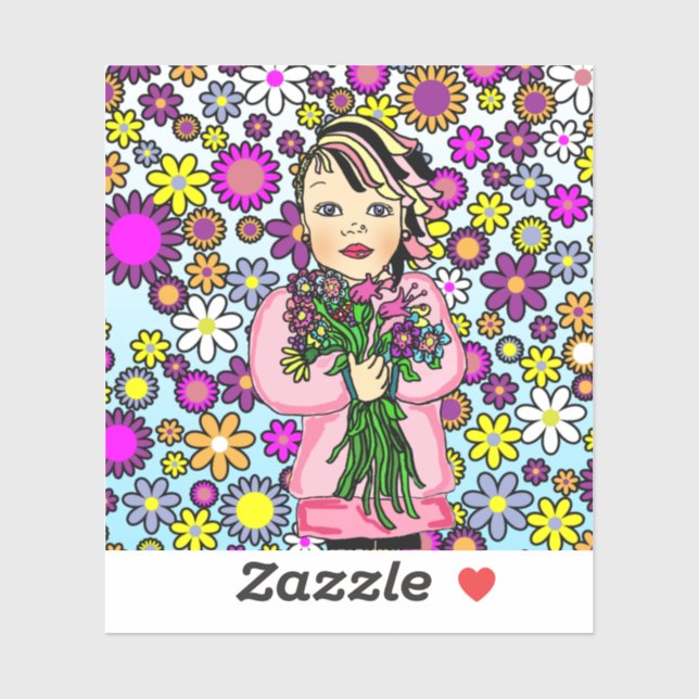 Hübsche Whimsical Folk Art Girl Holding Blume Aufkleber (Blatt)