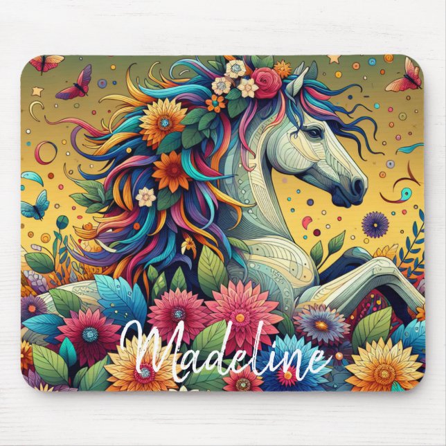 Hübsche Whimsikfarbene Blume und Weißpferd Mousepad (Vorne)