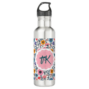 Hübsche Whimsikfarbige Blume Mit Monogramm Edelstahlflasche