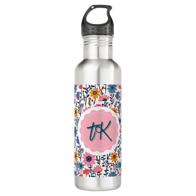 Hübsche Whimsikfarbige Blume Mit Monogramm Edelstahlflasche (Vorderseite)