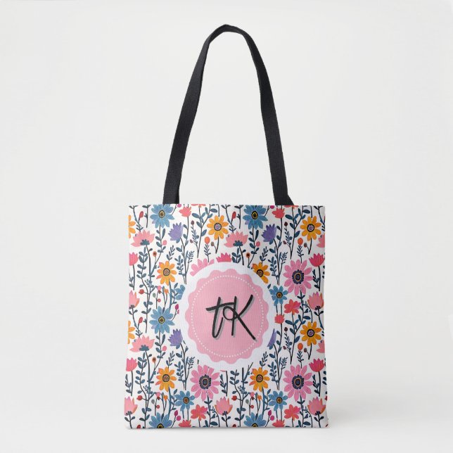 Hübsche Whimsikfarbige Blume Mit Monogramm Tasche (Vorderseite)
