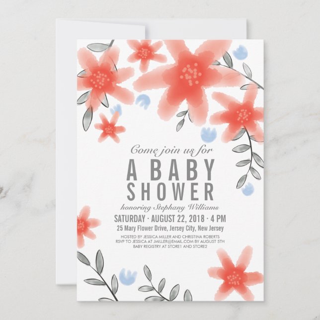 Hübsche Whimsy Red Floral Baby Dusche Einladung (Vorderseite)
