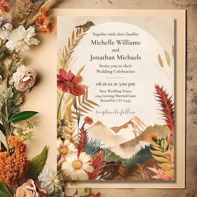 Hübsche Wildblume Boho Einladung (Front - Pretty Boho Mountain Wildflower Wedding Invitation)