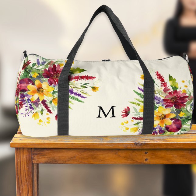Hübsche Wildblume Elegante Blume der Blumen Duffle Bag (A monogrammed duffel bag, stylish and elegant with a beautiful floral print in a watercolor style)