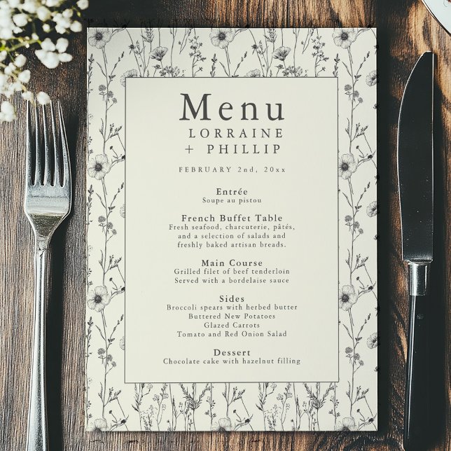 Hübsche Wildblume grenzenlose Hochzeitskarte Menükarte (Delicate wildflower wedding menu card features an elegant vintage botanical border)