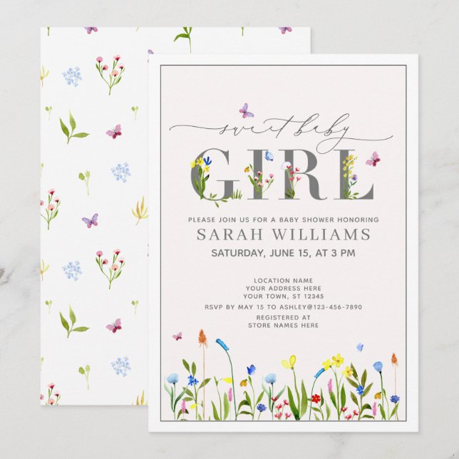 Hübsche Wildblume Sweet Baby Girl Script Dusche Einladung (Vorne/Hinten)