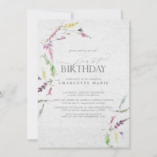 Hübsche Wildblume Wasserfarbpapier 1. Geburtstag Einladung