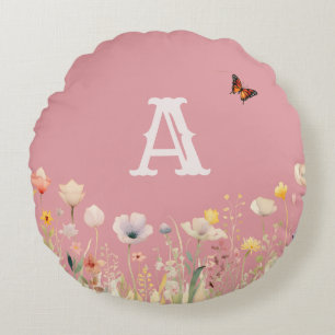 Hübsche Wildblumen für Aquarellfarben und Monogram Rundes Kissen