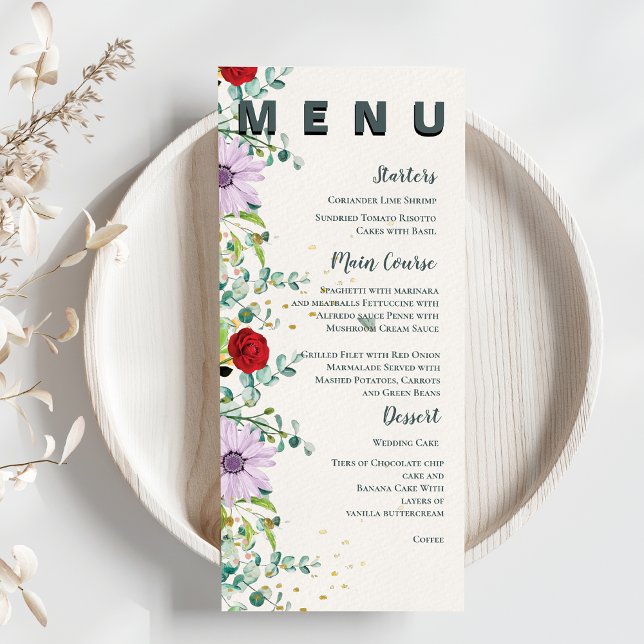 Hübsche Wildblumen Hochzeitsfeier mit Wasserfarben Menükarte (Pretty Wildflowers Watercolor Floral Wedding Party Menu)