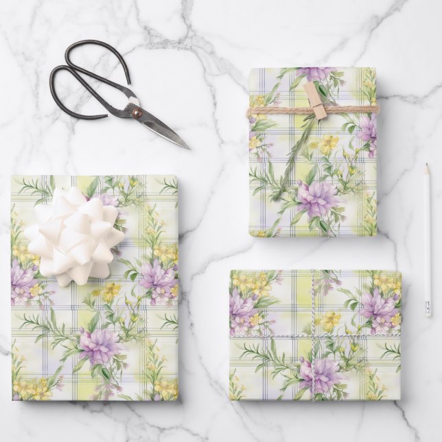 Hübsche Wildblumen Lila, gelb, grün Geschenkpapier Set (Vorderseite)