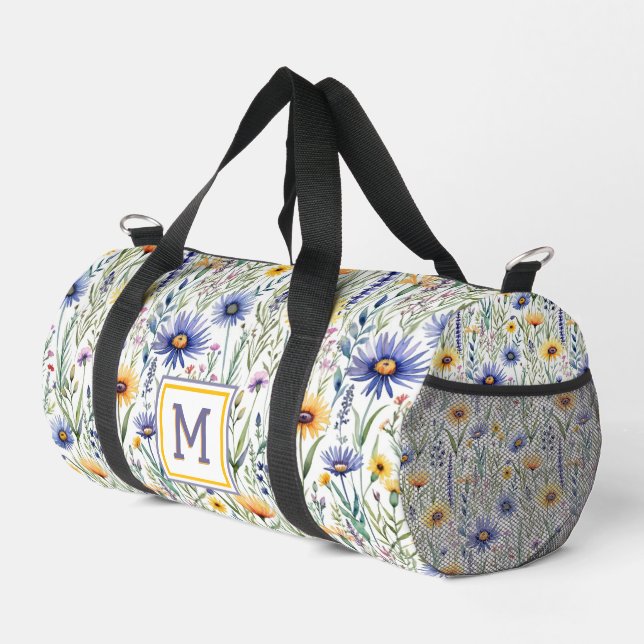 Hübsche Wildblumen Rustikale Flora Mit Monogramm Duffle Bag (Rechte Ecke)