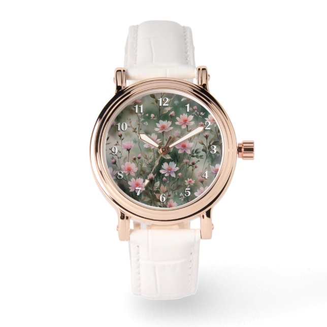Hübsche Wildblumen Weiße Zahlen Armbanduhr (Vorderseite)