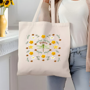 Hübsche Wilde Blumen Libelle in Gold mit Namen Tragetasche