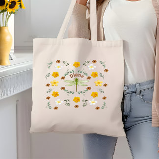 Hübsche Wilde Blumen Libelle in Gold mit Namen Tragetasche