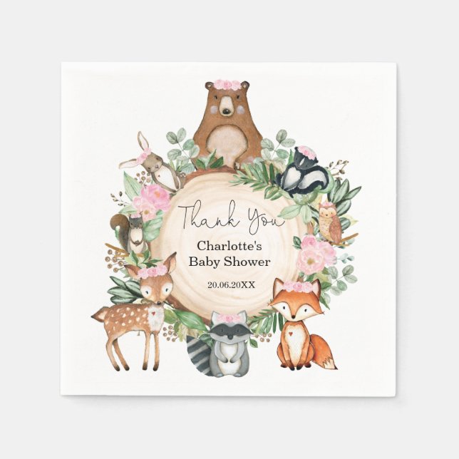 Hübsche Woodland Animals Baby Girl Dusche Geburtst Serviette (Vorderseite)