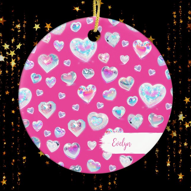 Hübscher 3D-Kristall-Edelstein Herz Pink Weihnacht Keramik Ornament (Add a pretty touch to your Christmas tree with this beautiful personalized ornament!)