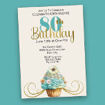 Hübscher Aqua Cupcake Blühte 80. Geburtstag Einladung<br><div class="desc">Hübsches Aqua und Gold Cupcake Blühte 80. Geburtstag Einladung für Frauen. Durch Klicken auf Personalisieren können Sie den Beispieltext ganz individuell anpassen. Klicken Sie auf Bearbeiten mit dem Entwurfstool,  um den Schriftart,  die Farbe des Schriftartes,  die Größe des Schriftartes zu ändern,  oder um Text- oder Entwurfselemente hinzuzufügen/zu löschen/zu ändern.</div>