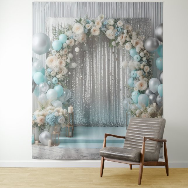 Hübscher Aquamariner Blumenballon Arch Hanging Wandteppich (Beispiel)