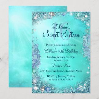 Hübscher Aquamariner Ozean Jewel Sweet 16 Geburtst Einladung