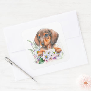 Hübscher Aquarell-Blumen-Dachshund-Welpe Quadratischer Aufkleber