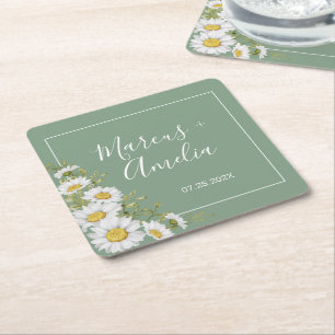 Hübscher Basil Green & White Daisies Wedding Squar Rechteckiger Pappuntersetzer