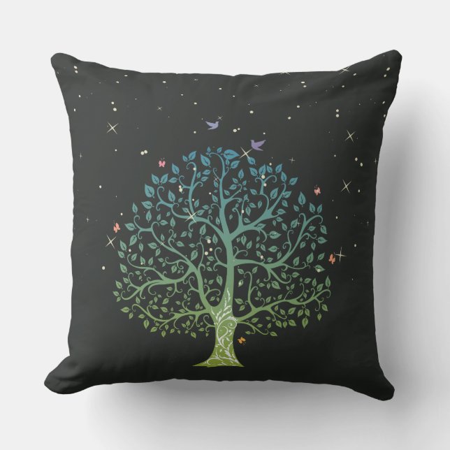 Hübscher Baum, Vögel und Sternenkissen Kissen (Vorderseite)