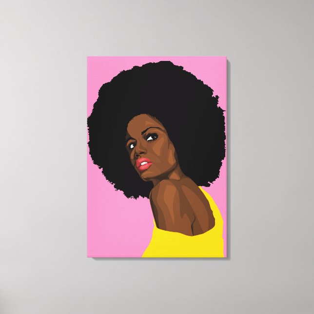 HÜBSCHER BLACK LADY AFRO DRUCKER AUF STRETCHIERTER LEINWANDDRUCK (Vorderseite)
