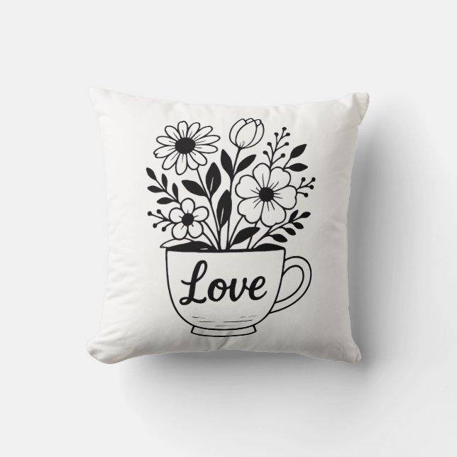 Hübscher Black Tee Cup mit Blume Design Kissen (Vorderseite)