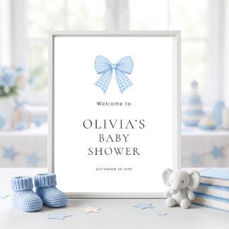 Hübscher blauer Gingham-Schleifen-Baby-Shower Poster