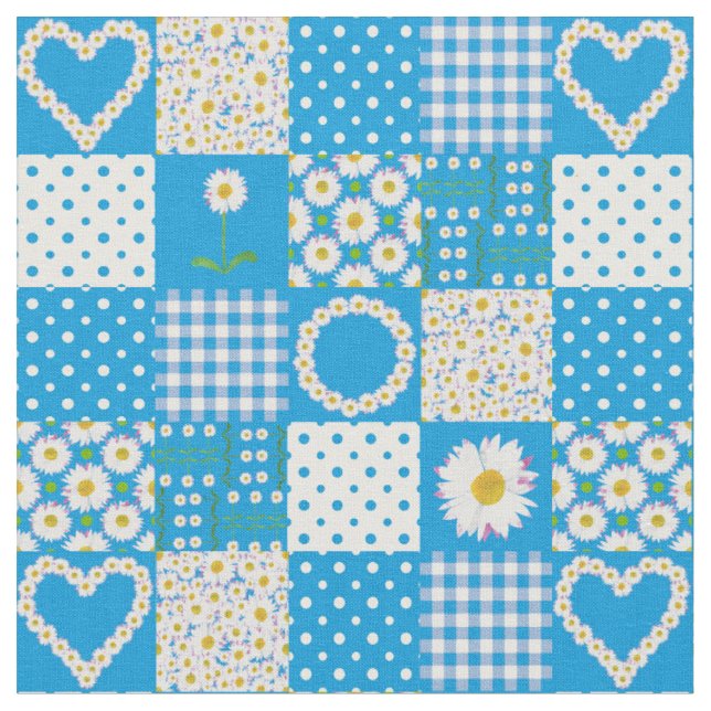 Hübscher blauer Pseudo-Patchwork-Gänseblümchen-Ket Stoff (Nahaufnahme)