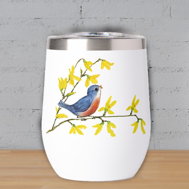Hübscher Blauer Roter Vogel auf zweigelben Blumen (Cute little red and blue bird on branch with bright yellow flowers on drink thermal tumbler.)