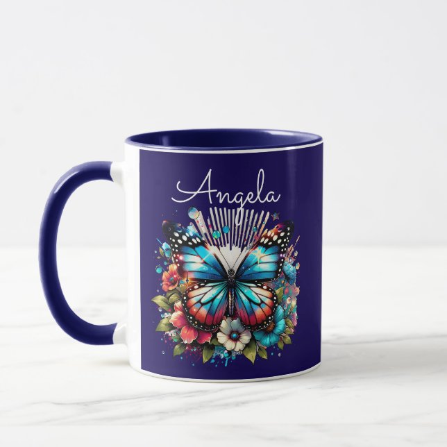 Hübscher Blauer Schmetterling und Personalisierte  Tasse (Links)