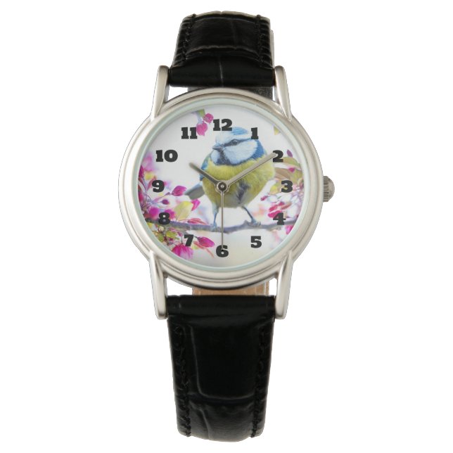 Hübscher Blauer und Gelber Bird auf einem Zweigbil Armbanduhr (Vorderseite)