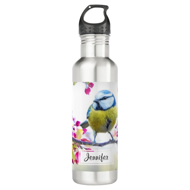 Hübscher Blauer und Gelber Bird auf einem Zweigbil Edelstahlflasche (Vorderseite)