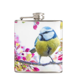 Hübscher Blauer und Gelber Bird auf einem Zweigbil Flachmann