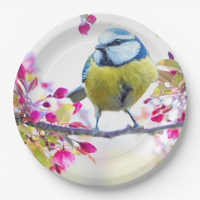 Hübscher Blauer und Gelber Bird auf einem Zweigbil Pappteller (Vorderseite)