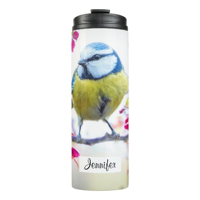 Hübscher Blauer und Gelber Bird auf einem Zweigbil Thermosbecher (Vorderseite)