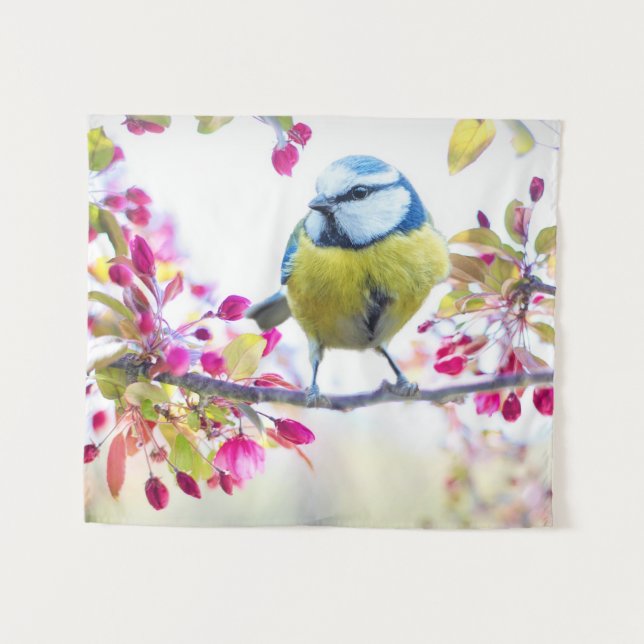 Hübscher Blauer und Gelber Bird auf einem Zweigbil Wandteppich (Vorderseite (Horizontal))