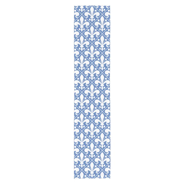 Hübscher blauer und weißer French Fleur de Lys Kurzer Tischläufer (Vorderseite)