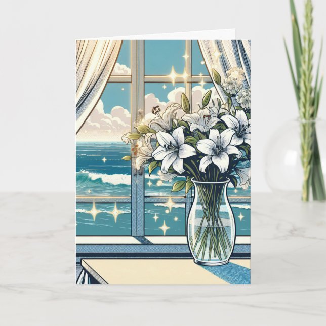 Hübscher Blick auf den Ozean und Vase von Blume zu Karte (Vorderseite)