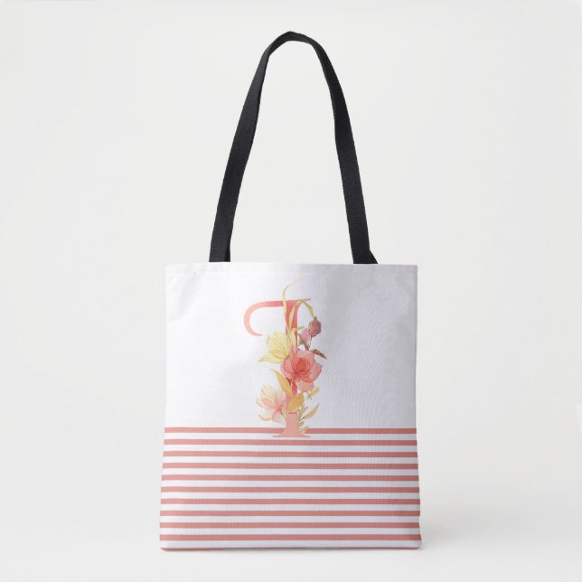 Hübscher Blumenbuchstabe "I" Rosa Streifen Tasche (Vorderseite)