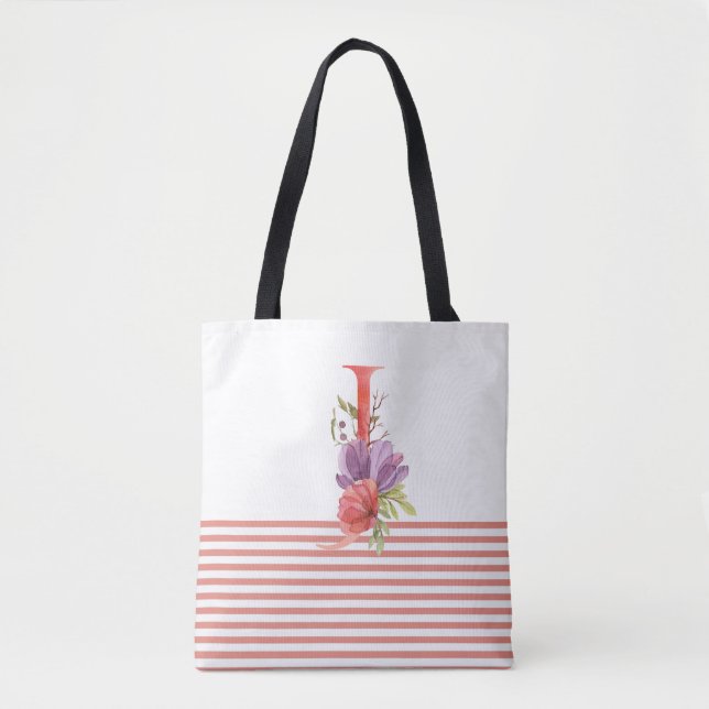 Hübscher Blumenbuchstabe "J" Rosa Streifen Tasche (Vorderseite)