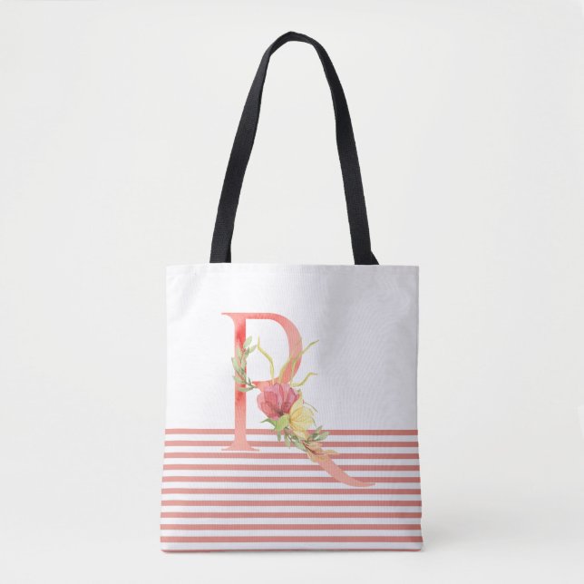 Hübscher Blumenbuchstabe "R" Rosa Streifen Tasche (Vorderseite)